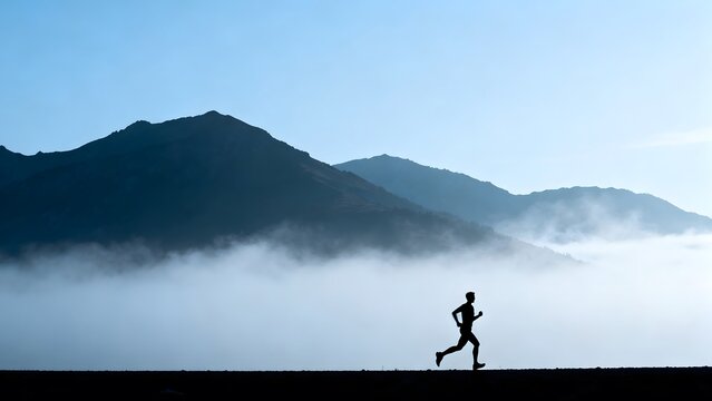 Silhouette of runner against mountain landscape
