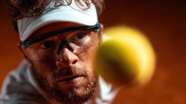 An action shot of a focused male tennis player wearing sporty gear, captured in motion as he prepares to serve a bright yellow ball, embodying determination and competitiveness. - Powered by Adobe