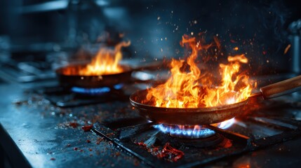 Vivid flames erupting from pans in a bustling kitchen present a dramatic cooking action scene, capturing the excitement and passion involved in culinary arts and preparation.