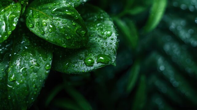 A close-up shot of green leaves adorned with glistening droplets of water, capturing the beauty of nature and the freshness of life after a rain shower.