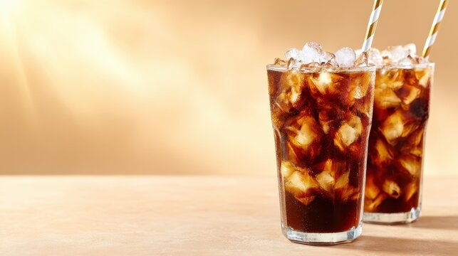 Two glasses filled with iced soda and fresh ice cubes sit invitingly, symbolizing relaxation and refreshment, ideal for summer enjoyment and social gatherings with friends.