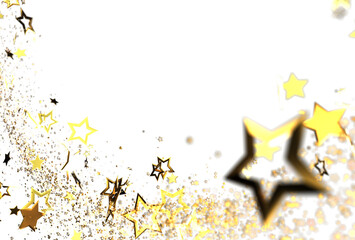Sparkling golden stars and glitter on white. Ideal for festive designs, celebration, luxury, and magical themes.