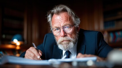 A thoughtful older man with gray hair and glasses intensely writes notes in a classic library, illustrating a scene of concentration and wisdom surrounded by books.