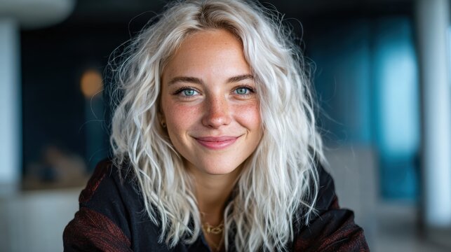 A joyful young woman with striking blonde curls and bright blue eyes smiles warmly at the camera, exuding confidence and happiness in a modern indoor setting.