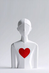 Figura de mujer recortada en papel blanco con un corazón rojo en el pecho con fondo blanco, concepto para salud, bienestar, familia, seguro de vida, prevención médica, bienestar emocional y vida sana