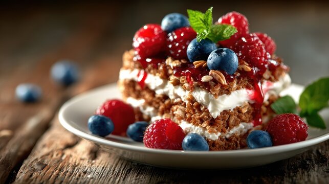 This appetizing layered dessert features vibrant berries, creamy filling, and a crunchy base, showcasing a delightful contrast of textures that is sure to please any palate.