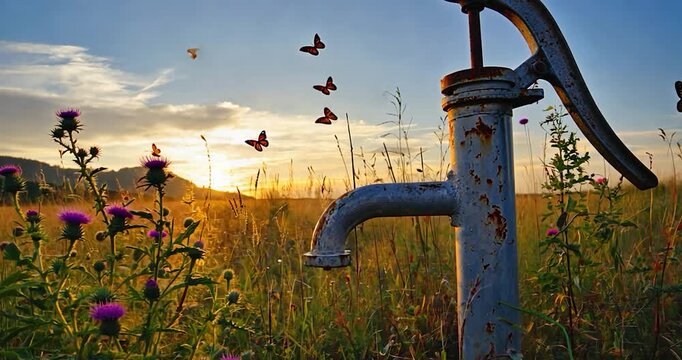 Rustic well pump sunset butterflies