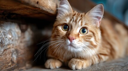 A close-up portrait of a charming ginger cat with expressive green eyes, elegantly lying on a wooden surface, evoking a sense of warmth and tranquility in the setting.