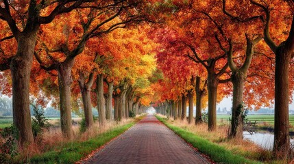 Naklejka premium Autumn road lined with colorful trees leads toward the horizon