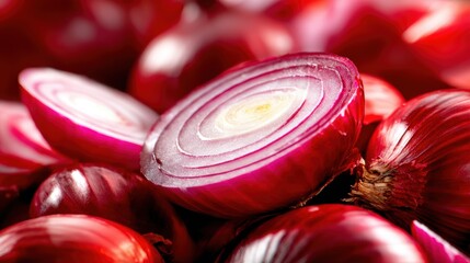 These vibrant red onions are beautifully arranged with a close-up view showcasing their rich colors and textures, highlighting their culinary versatility and freshness.