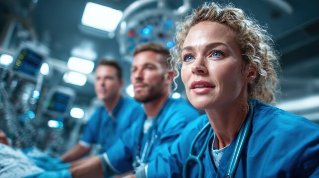 A focused team of medical professionals dressed in blue scrubs work together efficiently in a high-tech surgical room, symbolizing teamwork and dedication in healthcare.