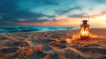 A beautiful glowing lantern stands on the sandy beach, illuminating the foreground as the sun sets in the background, creating a serene and peaceful coastal atmosphere.