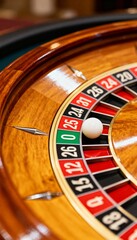 Obraz premium Close-up of a glossy roulette wheel with red, black, and green slots in a casino setting.