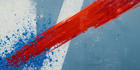 Dynamic abstract painting with a bold diagonal red brushstroke and vibrant blue paint splatters across a textured white and grey canvas.