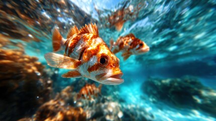 A stunning underwater scene featuring vibrant fish navigating through clear blue waters, highlighting the beauty of marine life and the lively ecosystem within the ocean.