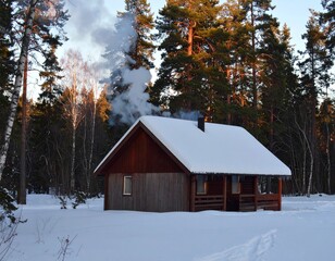 Tranquil Snowy Cabin Surrounded by Frosted Pine Trees