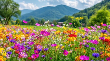 Obraz premium Vibrant wildflower meadow under blue sky with mountains in background