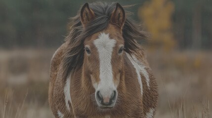 Horse with flowing mane stands amid autumn scenery on a crisp day highlighting natural beauty and tranquility - Low Contrast