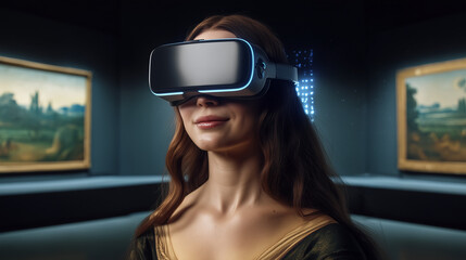 A modern Mona Lisa wearing a virtual reality headset, blending classical art with futuristic tech in an enigmatic portrait.