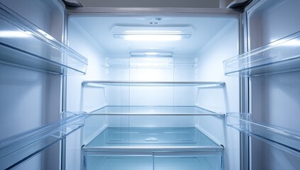 An empty, lit interior of a refrigerated appliance, shelves in focus, cool-toned illumination