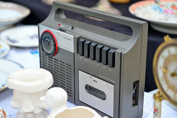 Vintage Technology Display: Retro Boombox, Typewriter and Fan