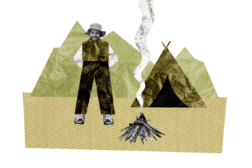 Composite photo collage of happy man hiker summer vacation campfire tent adventure travel mountain isolated on painted background