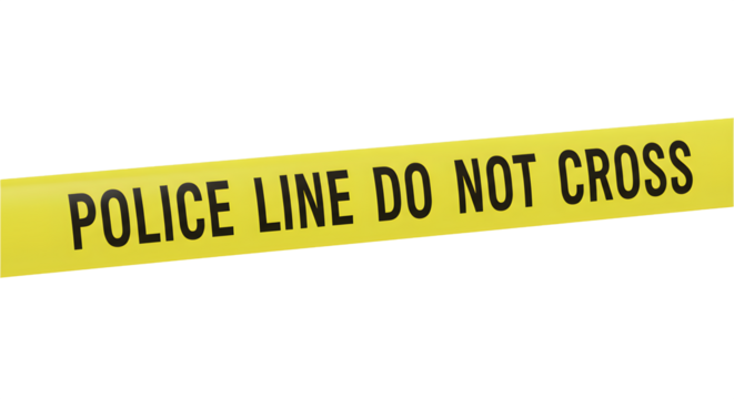 Yellow police tape reads "Police Line Do Not Cross" over a black background for crime scene visuals.