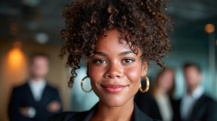 This image features a confident young woman with curly hair demonstrating poise and elegance in a business environment, surrounded by colleagues, showcasing empowerment.