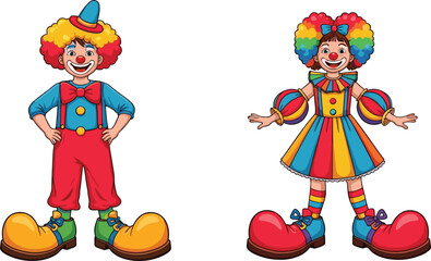 Cartoon Clown Characters in Colorful Costumes – Vector Illustration of Circus Entertainment, Children’s Party Fun, and Whimsical Celebration Theme