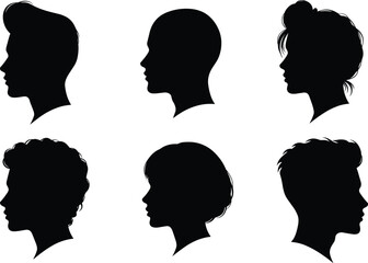 Set of six diverse human head silhouettes with unique hairstyles and profiles, black vector design on white background