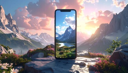 A smartphone displays a mountain vista, held on a stone platform amidst blooming flowers, with a mountainous backdrop and sunrise hues