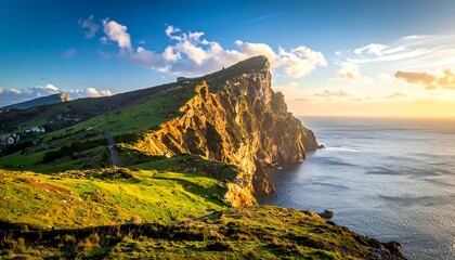 A rugged, sunlit coastline features a dramatic cliff face dropping into a calm sea, with lush green fields and scattered dwellings. A bright sky