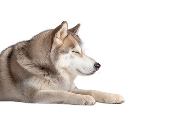 Obraz premium A serene Siberian Husky lies peacefully with its eyes closed, showcasing its beautiful fur and gentle demeanor.