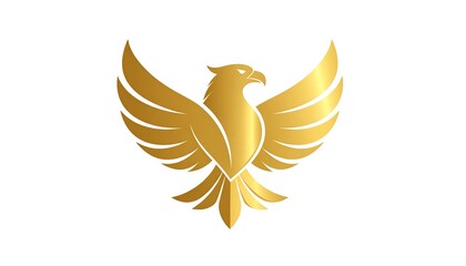 Obraz premium A stylized golden eagle with outstretched wings, rendered in a smooth, gradient design, is set against a stark white backdrop
