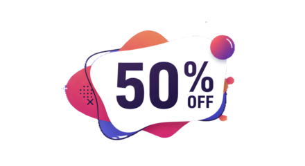 50% Off promotion design. Gradient shapes, clean white text. Use for sale banners, store promotions, digital marketing, web design, and sale posters.