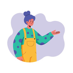 Happy Woman Gesturing with Hand Presenting Explaining Concept