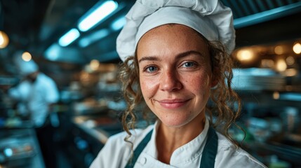A confident chef smiling warmly in a bustling kitchen, showcasing professionalism and passion for cooking, symbolizing dedication to culinary art and hospitality.
