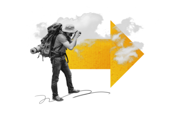 Composite photo collage of tourist man take cadre photographing clouds arrow direction summer adventure isolated on painted background