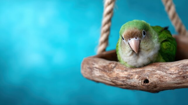 This image captures a vibrant green parrot perched comfortably in a wooden nesting bowl, showcasing its stunning plumage against a soothing blue background.