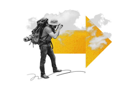Composite photo collage of tourist man take cadre photographing clouds arrow direction summer adventure isolated on painted background