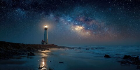 Fototapeta premium A lighthouse bathed in light stands on a rocky coastline, illuminated by the starry Milky Way