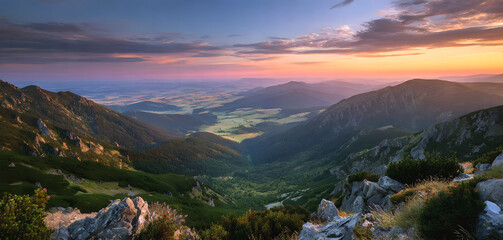 The Mountain peak at golden hour in summer. The long exposure captures  Mountain landscape at sunset Panoloma view.