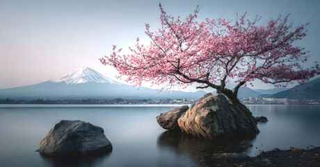 The Golden hour in summercherry blossom on the rock in the middle of lake in springs In the background is the clear crystal lake in front of the majestic Mountain Fuji with Sunset mountain range
