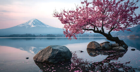 The Golden hour in summercherry blossom on the rock in the middle of lake in springs In the background is the clear crystal lake in front of the majestic Mountain Fuji with Sunset mountain range