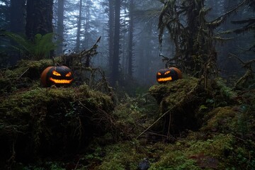 Halloween pumpkins glow brightly in a mysterious forest during a foggy evening
