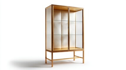 Obraz premium Tall glass display cabinet with golden frame and wooden legs.