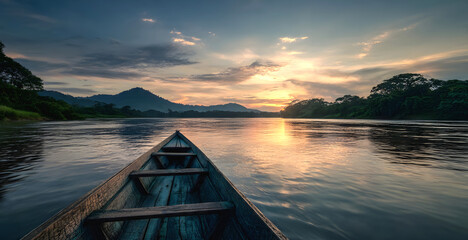Boat unexplored river journeys and adventures.River through the scenic landscape to the destination in forest natural park.
