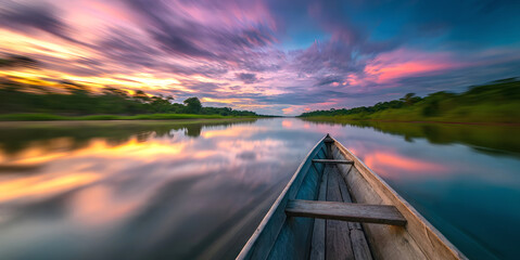 Boat unexplored river journeys and adventures.River through the scenic landscape to the destination in forest natural park.