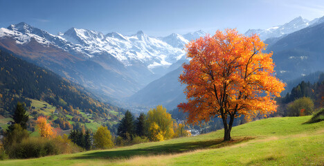The Golden hour in autumn landscape with standalone orange leaves tree, green meadow and blue mountains panorama background.