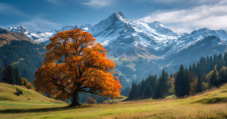 The Golden hour in autumn landscape with standalone orange leaves tree, green meadow and blue mountains panorama background.